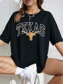 Plus Size Women's Clothing, Western Texas Style Print, "Texas" Longhorn Skull College Design, Minimalist Style, Curvy Short Sleeve T-Shirt 100% Cotton 220g, Women's Graphic Tees, Summer Tops. - 黑色 - 查看 8