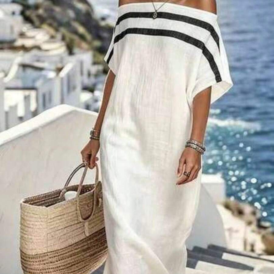 Casual Vacation Off-Shoulder Striped Loose Dress - Blanco - Ver 1