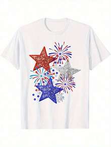 Camiseta de Vacaciones para Mujer, Camiseta Patriótica para Mujer - Estrellas Rojas, Blancas y Azules, con Diseño de Fuegos Artificiales Americanos, Corte Holgado Casual, Lavable a Máquina, Top de Moda para Mujer, 100% Algodón, Talla Grande, Camiseta con Patrón Retro Divertido - Blanco - Ver 9