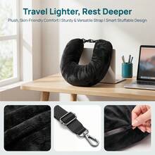 Soft Plush Black Fillable Travel Neck Pillow, U-Shaped Pillow With Adjustable Strap For Adults, Portable Comfort Pillow For Airplane, Car, Office, And Everyday Travel - màu đen - Xem 5