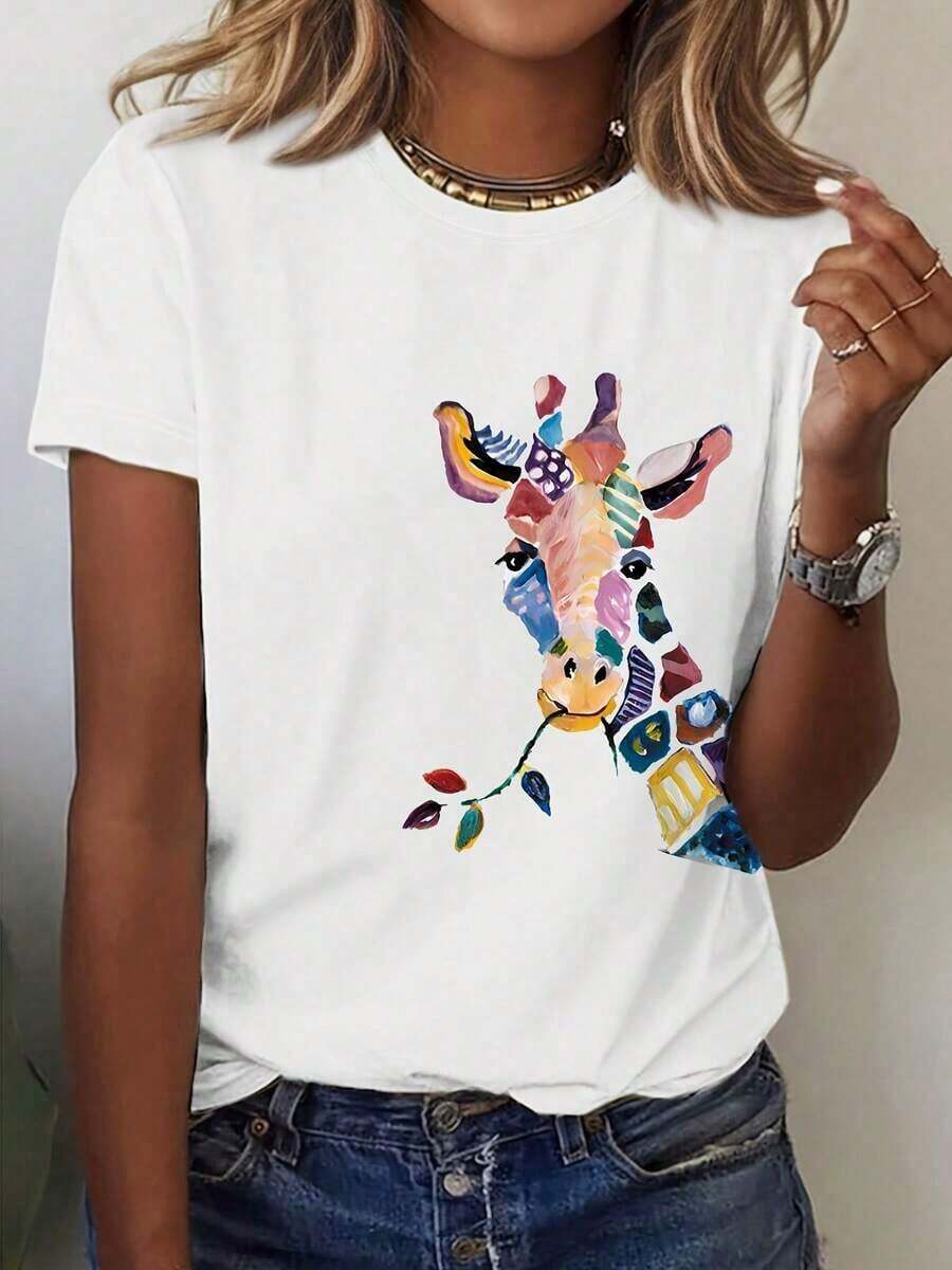 Women's Casual T-Shirt, White, Round Neck And Short Sleeve, With Colorful Giraffe Art Print, Loose Fit, Breathable And Comfortable, Suitable For Casual Daily Wear, Commuting And Outings, Versatile And Stylish, Can Be Worn As A Base Layer Or Alone, Made Of 100% Cotton, Durable - 白色 - 查看 1