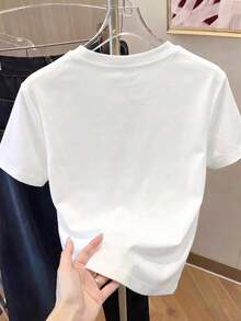 Camiseta de manga corta con estampado de flores para mujer, ropa de primavera, atuendo para festividades, color albaricoque para verano, look playero, estilo vacacional, estilo rural, atuendo de oficina para mujer.Pure-Cotton - Blanco - Ver 3
