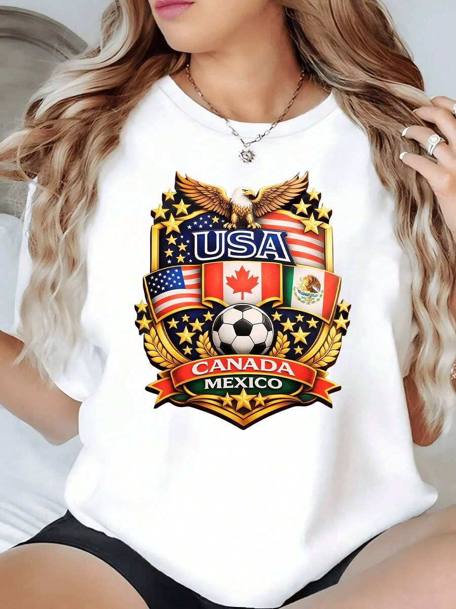 águila dorada sobre escudos de Estados Unidos Canadá y México rodeada de estrellas simbolizando unión fuerza deportiva y orgullo continental camiseta de mujer elegante casual cómoda para uso diario - Blanco - Ver 1