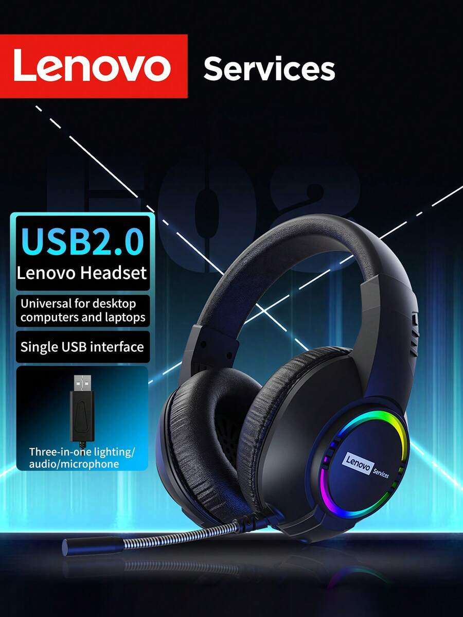 Lenovo 联想E08 USB游戏耳机，配备7.1环绕立体声、RGB灯效、头戴式游戏耳机、降噪麦克风，适用于PC、笔记本电脑游戏和直播 - 查看 1