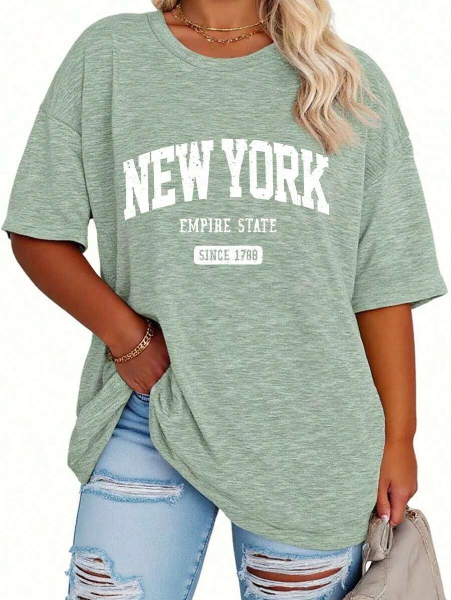 Plus Size Women's Mid-Length Short-Sleeve T-Shirt, Casual And Loose Style, With "New York" Letter Print On The Round Neck - 綠色的 - 查看 1