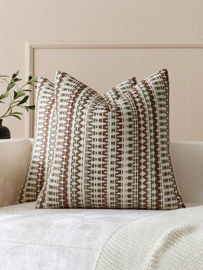1pc/2pcs Olive Green + Rust (Insert Not Included) 3D Ikat Style Bohemian Farmhouse Chenille Throw Pillow Cover, Neutral Color Pillow Sham/Cushion Cover Suitable For Sofa, Bed, Bedroom, Dining Room, Party, Decoration, Spring, Summer, Autumn, Winter, All Seasons