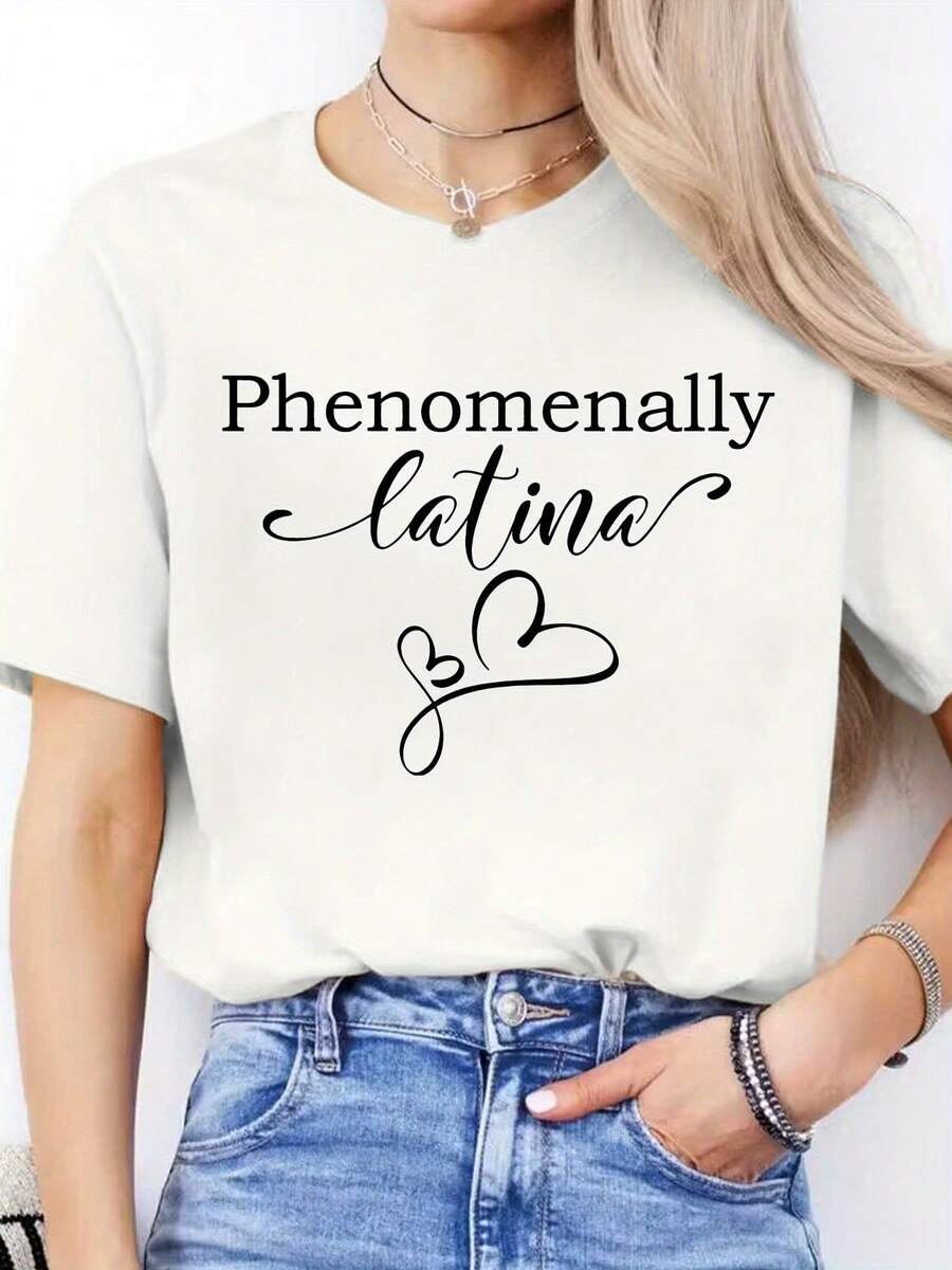 Camiseta Deportiva Casual de Manga Corta y Cuello Redondo para Mujer con Estampado de Letras en Español para Primavera y Verano - Blanco - Ver 1