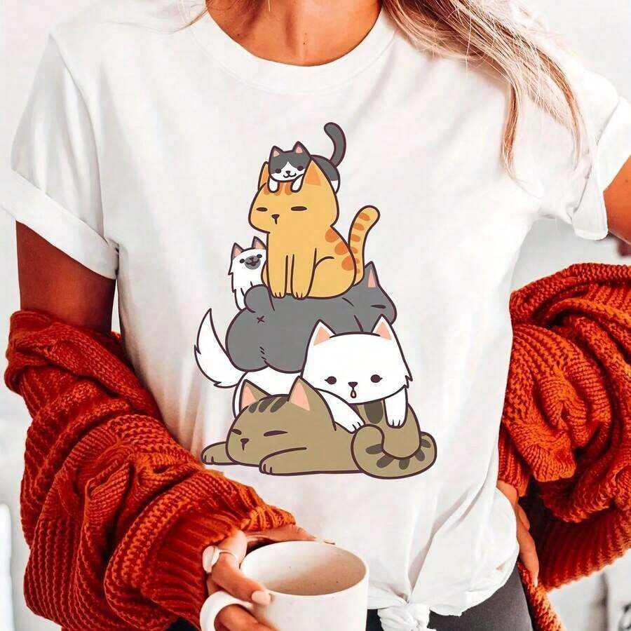 Camiseta con Estampado de Regalo para Amantes de Gatos, Diseño Simple y Versátil, Manga Corta, Cuello Redondo, Top Casual para Verano y Primavera, Ropa de Mujer, Camiseta de Algodón - Blanco - Ver 1