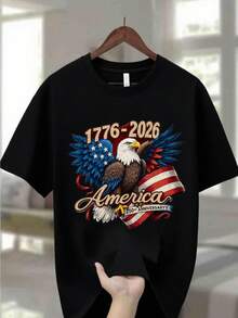 Men's Commemorative Graphic T-Shirt - 1776-2026 250th Anniversary  Dark Blue | 100% Cotton Crew Neck T-Shirt With Gold Flag, Casual Style, Medium Stretch Fabric, Perfect Thanksgiving And Christmas Gift For Men - 黑色 - 查看 1