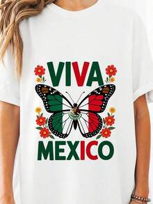 Viva Mexico T-Shirt With Mexican Butterfly Flag For Independence Day, 100% Cotton, Short Sleeve, Crew Neck, Unisex, Mexican Pride, Heritage Gift, Monarch Floral Graphic T-Shirt, Five Of Ma-3 Blouses For Women - 白色 - 查看 10