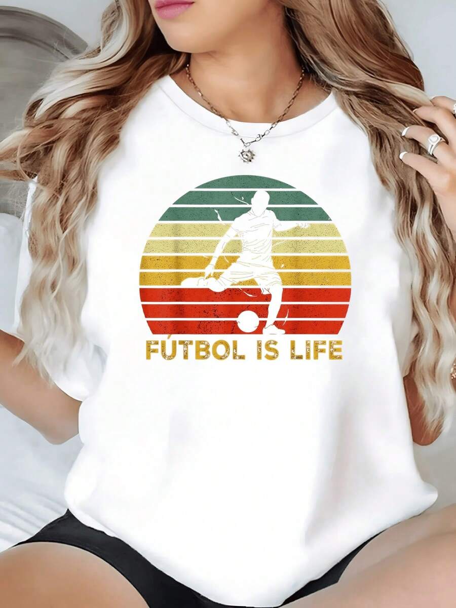 Player Running Powerfully Against A Background Of Colorful Stripes Symbolizing The Passion For Sport And The Energy Of Life. Comfortable Casual Women's T-Shirt With A Modern Sporty Print. - 白色 - 查看 1