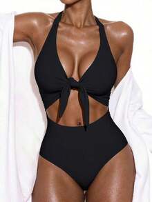 Swim Vcay Traje de baño de una pieza de unicolor negro elegante sin mangas, de cintura alta y con tirantes ajustables, para primavera/verano 2026 - Negro - Ver 7