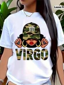 Virgo T-Shirt For Women - White Short-Sleeved Loose-Fitting Blouse, Printed With The Virgo Symbol And Astrological Motifs, Soft Round Neck Casual T-Shirt, Suitable For Birthdays In The Virgo Season, Casual Wear And As A Gift (Loose Fit, H Line). - 白色 - 查看 1