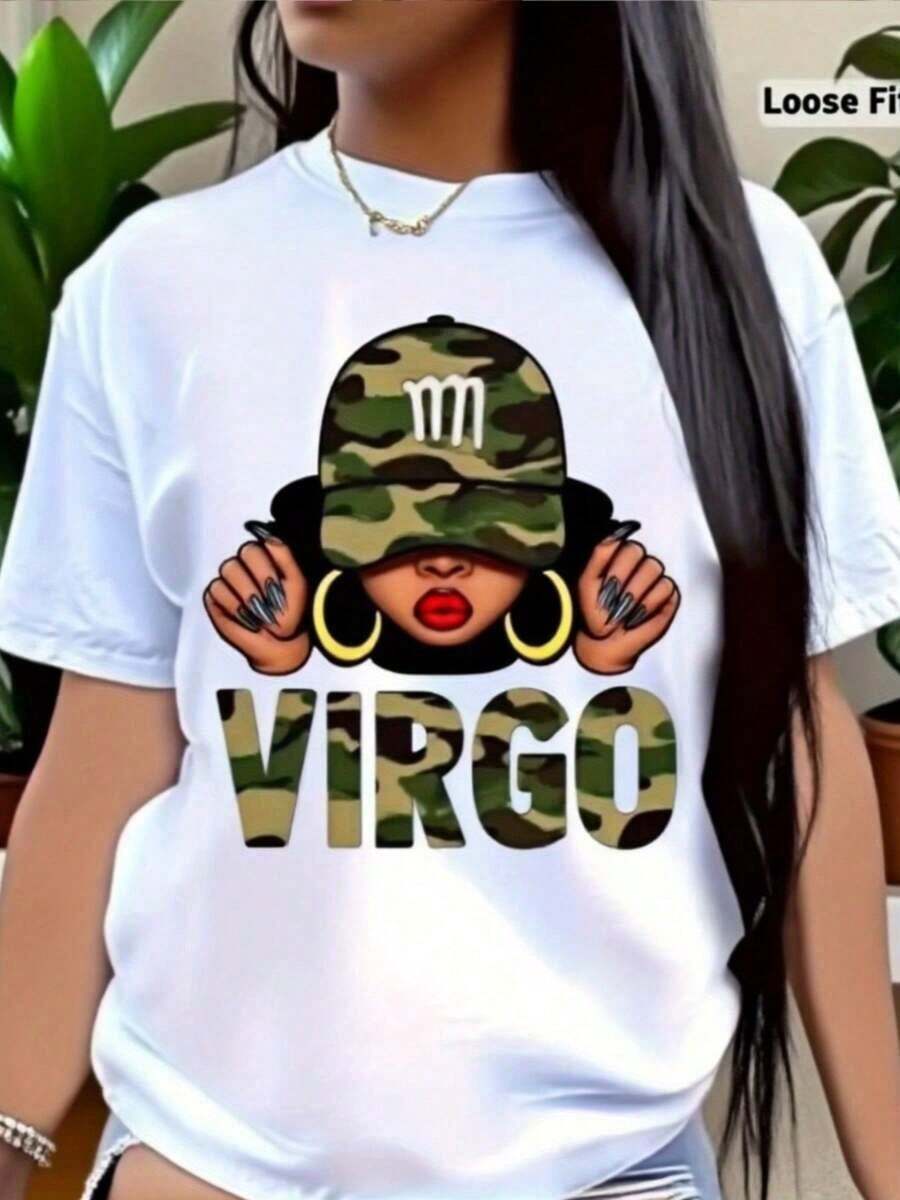 Virgo T-Shirt For Women - White Short-Sleeved Loose-Fitting Blouse, Printed With The Virgo Symbol And Astrological Motifs, Soft Round Neck Casual T-Shirt, Suitable For Birthdays In The Virgo Season, Casual Wear And As A Gift (Loose Fit, H Line). - 白色 - 查看 1