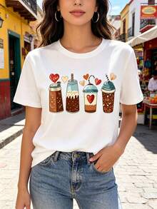 Limited Time Offer, Limited Quantities, Flash ! Women's Casual Shirts, Women's Polyester T-Shirts, Elegant Shirts. Women's Short-Sleeved, Round-Neck Sports T-Shirt With Ice Cream, Coffee, Caramel, And Tea Prints, Perfect For Summer. - 白色 - 查看 10
