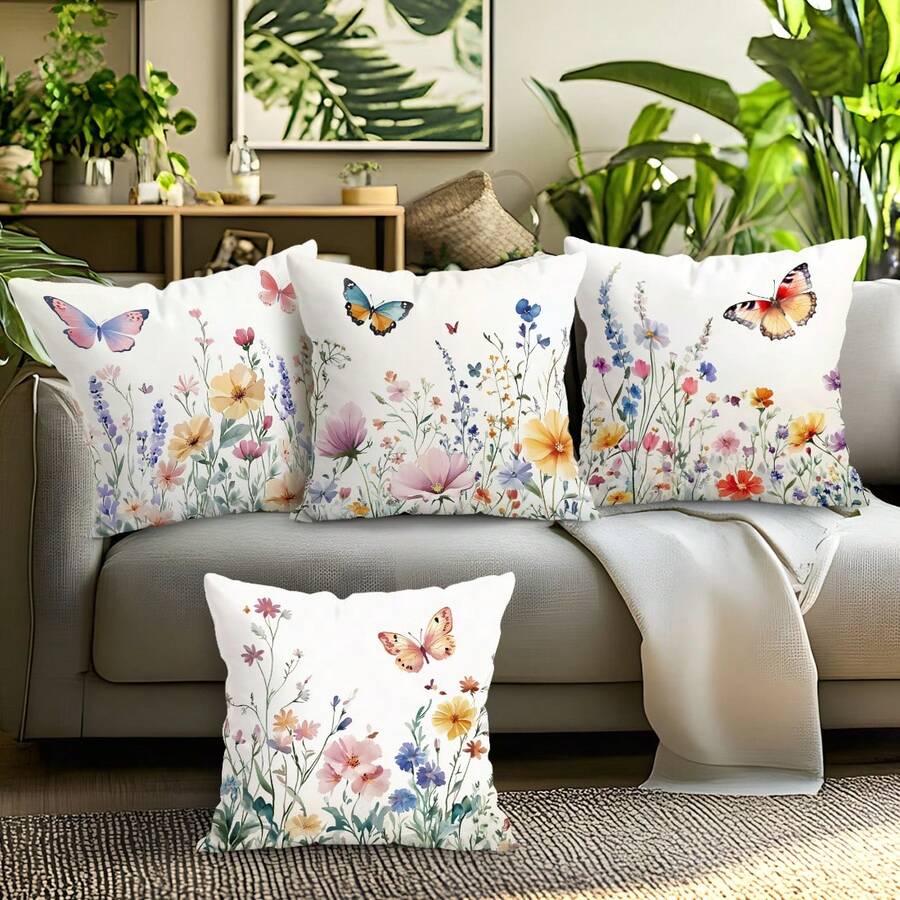 Bộ 4 vỏ gối trang trí bằng nhung in họa tiết hoa và bướm màu nước, 100% polyester, thích hợp trang trí phòng khách, sofa, phòng ngủ, không kèm ruột gối, kích thước 40x40cm/45x45cm/50x50cm