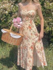 Vestido con abertura y lazo floral - Multicolor - Ver 3