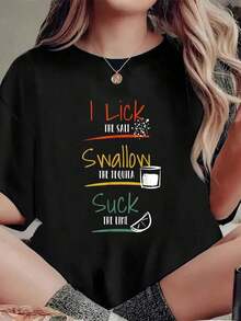 I Love Salt, I Spit Tequila, I Suck On Limes, Cinco De Mayo Print T-Shirt, Casual Round Neck Short Sleeve Summer T-Shirt - 黑色 - 查看 6