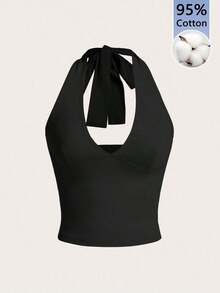 Moderno top sólido con diseño calado, cuello halter y escote en V para mujer - Negro 2 - Ver 6