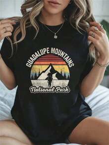 1 Piece Vintage Retro 100% Cotton T-Shirt With Guadalupe Mountains National Park Sunset Map, Women's Summer Graphic T-Shirt, Round Neck, Fashion T-Shirts, 180g 100% Cotton - 黑色 - 查看 4