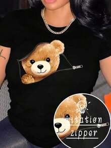 Unity Cartoon Print Round Neck Short Sleeve T-Shirt, Women's Summer T-Shirt, Graphic Tees For Women, Unisex, Suitable For Casual Daily Outings, Short Sleeve Summer T-Shirt, Retro Y2K Print T-Shirt. - 黑色 - 查看 6