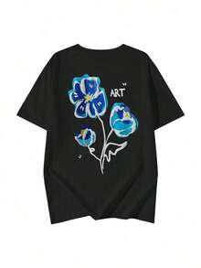 Women's Loose-Fitting T-Shirt With An Artistic Blue Floral "ART" Pattern, Soft And Lightweight Casual Top, Y2K Streetwear Style, Oversized Short-Sleeved Crew Neck, Suitable For Art Exhibitions, City Walks, Weekend Gatherings, Brunch, And Everyday Creative Outfits. Black/Summer - 黑色 - 查看 2