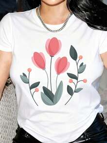 New arrivals for summer.One Piece  Women'S Black And White T-Shirts Watercolor Floral Prints Women'S Tops Round Neck Short Sleeve Casual Tops Loose Fit And Breathable Perfect For PartyVacationWork Suitable For All SeasonsBlouse,Shirt > Beautiful. - Blanco - Ver 1