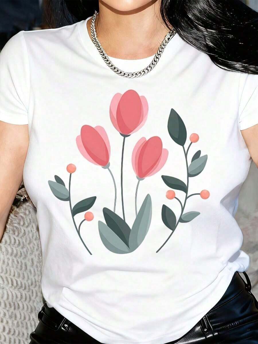 New arrivals for summer.One Piece Women'S Black And White T-Shirts Watercolor Floral Prints Women'S Tops Round Neck Short Sleeve Casual Tops Loose Fit And Breathable Perfect For PartyVacationWork Suitable For All SeasonsBlouse,Shirt > Beautiful. - Blanco - Ver 1