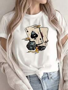 Women's T-Shirt: Casual White T-Shirt For Women, Decorated With Poker Card And Dice Motifs, Round Neck, Lightweight And Comfortable, Suitable For Home, Cafes Or Everyday Casual Wear. - 黑色 - 查看 7