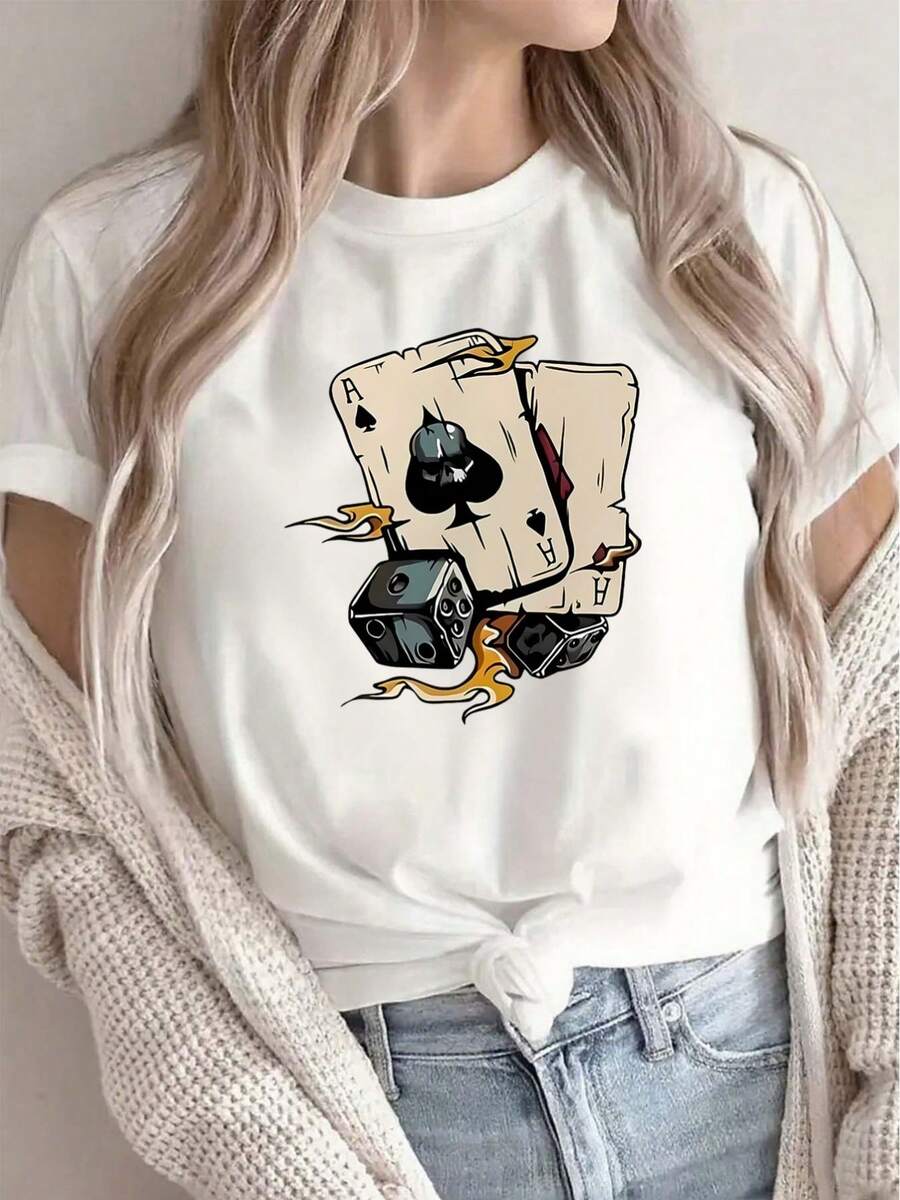 Women's T-Shirt: Casual White T-Shirt For Women, Decorated With Poker Card And Dice Motifs, Round Neck, Lightweight And Comfortable, Suitable For Home, Cafes Or Everyday Casual Wear. - 白色 - 查看 1