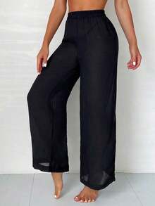 Swim Pantalones cover up unicolor de cintura elástica - Negro - Ver 4