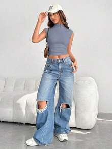 Top de verano de mujer tejido de unicolor con cuello alto para salir - Niebla azul - Ver 4
