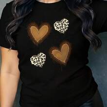 Stylish Women's Fashion Clothing, New Design Women's Round Neck, Simple Brown Leopard Print Heart Print, Versatile Fashion Short Sleeve T-Shirts, Casual T-Shirts, Everyday Gifts For The Holidays - 黑色 - 查看 1