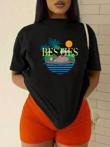 Radiant Sun And Palm Trees Symbolizing Friendship And Rest Under The Tropical Sky, Evoking Joy And Unity On Bright Days. Women's T-Shirt With A Comfortable Fit, Colorful Graphic, And Soft, Casual, And Modern Fabric. - 黑色 - 查看 2