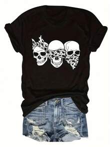 Plus Size Women's Plus Size Heart Print T-Shirt - Casual Round Neck Short Sleeve Blouse, Breathable Casual Wear For Spring, Summer And Autumn, Loose Fit Machine Washable Top Suitable For Women - 黑色 - 查看 1