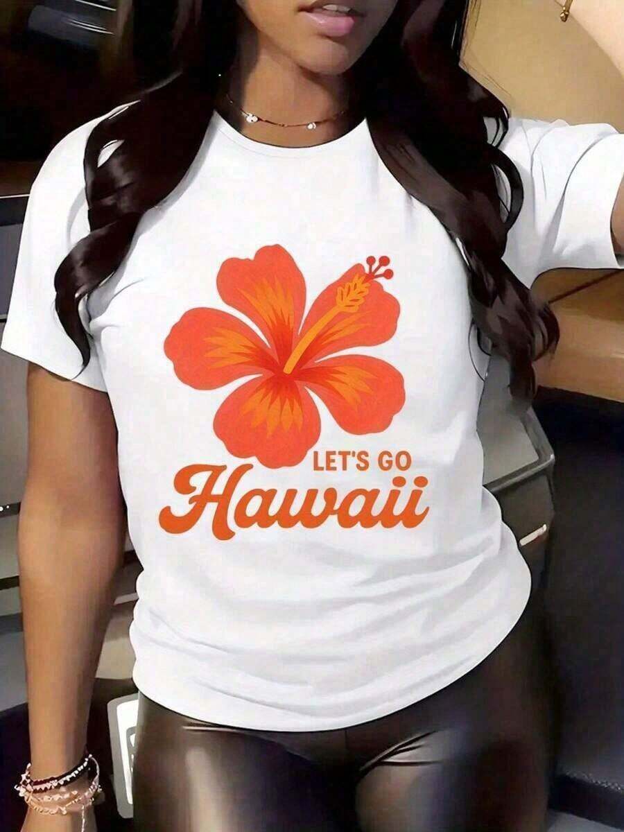 Modern Minimalist Women's T-Shirt, Round Neck, Hibiscus Flower Print "Let's Go Hawaii", Short Sleeve, Casual, For Beach Vacation. - 白色 - View 1