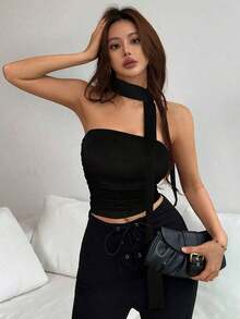 Top bandeau drapeado con estampado de leopardo y bufanda, para salir - Negro - Ver 6