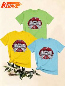 Women's T-Shirts, Women's T-Shirts, Casual One-Piece T-Shirt With Lip Print, Bow And Rhinestones, Round Neck, Loose And Comfortable Top For Women. - 1件白色隨機圖案 - 查看 6
