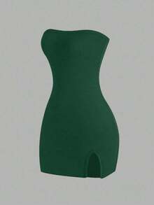 Vestido de tubo de color liso con abertura alta para ropa de Año Nuevo, minivestido corto para mujer - Verde Oscuro - Ver 8