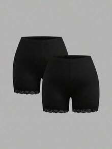 2 piezas Leggings básicos casuales de unicolor para mujer de talla grande, aptos para el verano - Negro 4 - Ver 8