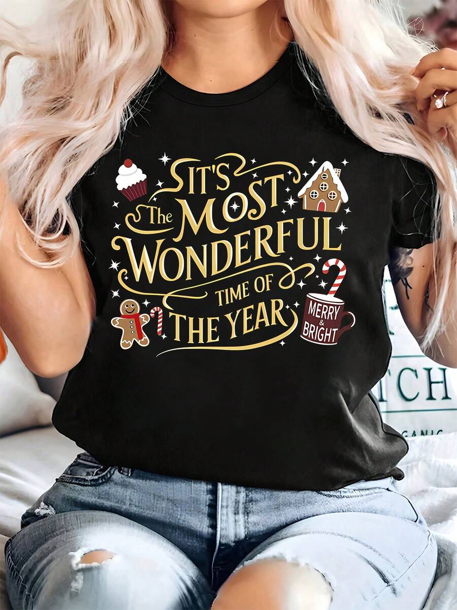 Plus Size - Christmas Style: It's The Best Time Of The Year! Beautiful Christmas Text Print T-Shirt, Plus Size Women's Letter Print T-Shirt, Casual Short Sleeve Crew Neck Top, Suitable For Summer And Spring, Made Of, Cute And Fun - 黑色 - 查看 1