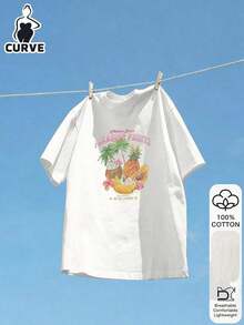 Mexican Basic Blusa de manga corta de 100% algodón con estampado de frutas y letras para mujer de talla grande, camiseta gráfica, tela suave, ropa de algodón, ropa para exteriores, estampado impreso, camiseta de verano para mujer, blusa, top de verano, atuendo de vacaciones, estilo de viaje, ambiente de playa, ropa de resort minimalista en blanco New Launch - Blanco - Ver 5