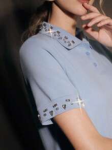 Blusa elegante y estilizadora para mujer, de manga corta, de punto, con adornos de strass, versátil, ideal para vacaciones y casual, nueva colección primavera/verano de - Azul - Ver 1