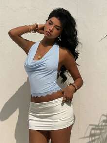 Nuevo Camisol de Mujer con Cuello Halter, Espalda Descubierta y Tirantes con Lazo, Diseño de Encaje y Parches, Adecuado para Vacaciones y Playa - Celeste - Ver 8