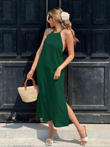 Vestido casual de vacaciones de corte moderno, de cuello halter, cruzado y con nudo en la espalda - Verde militar - Ver 1