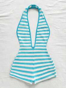 Body sexy de punto blanco con textura y patrón ondulado, escote en V profundo y espalda descubierta para mujer, elegante y ajustado, adecuado para fiestas, citas, té de la tarde, vacaciones boho, playa, atuendo de verano. - Azul y blanco - Ver 6