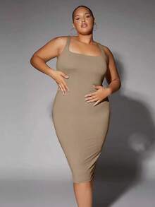 Vestido tank de espalda baja unicolor - Caqui - Ver 7