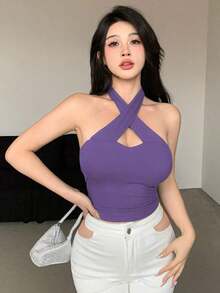 Top corto de mujer sin mangas con cuello de halter y envolvente de unicolor - Morado - Ver 4
