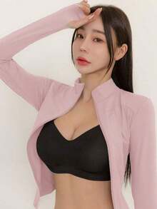 Chaqueta de manga larga de cuello alto elástico de unicolor entallada, ropa deportiva y casual, primavera/otoño - Rosa 3 - Ver 4