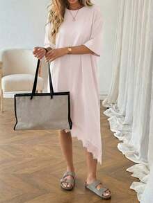 Vestido de talla media de manga corta con bajo asimétrico, de uso diario, de vacaciones y casual, de unicolor con parches de encaje, de moda básica para mujeres - Rosa - Ver 5